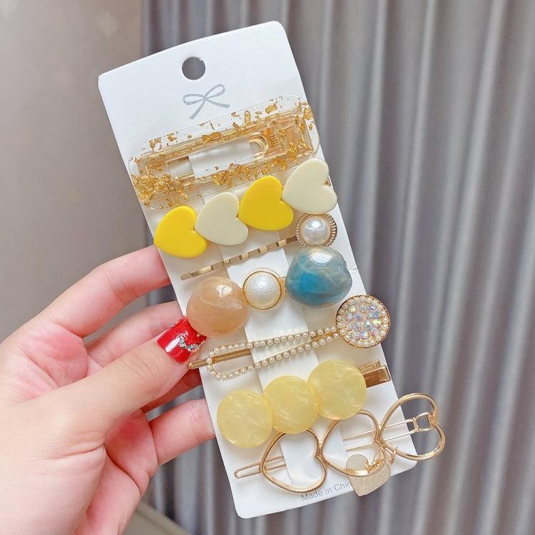 7PCS/Set Yellow Heart Alloy Colorful Hairpin Headgear Pearl Rhinestone Clip Set
