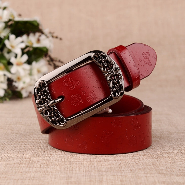 ZK--067 Retro Engraved Buckle Butterfly Print Pin Buckle Leather Belt, Length: 115cm