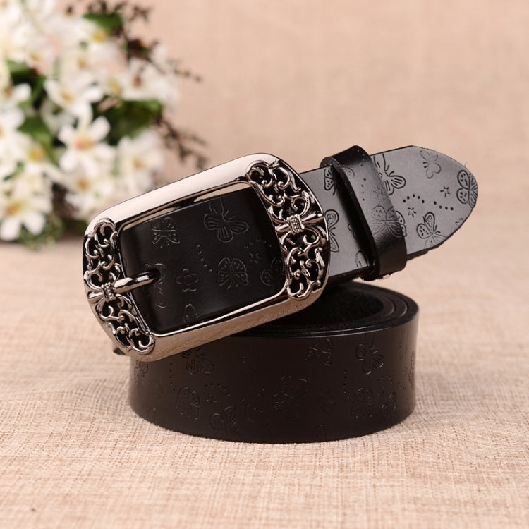 ZK--067 Retro Engraved Buckle Butterfly Print Pin Buckle Leather Belt, Length: 115cm