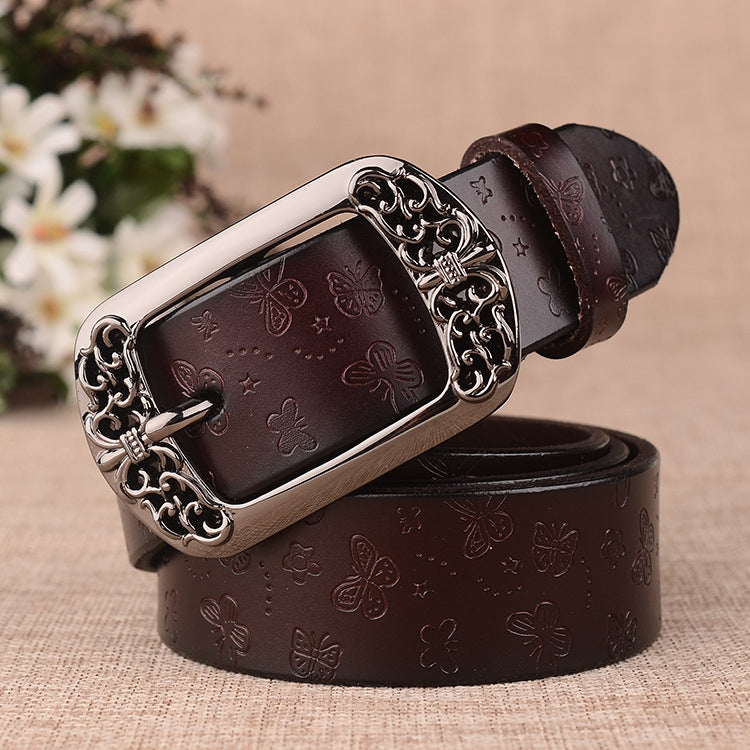 ZK--067 Retro Engraved Buckle Butterfly Print Pin Buckle Leather Belt, Length: 115cm