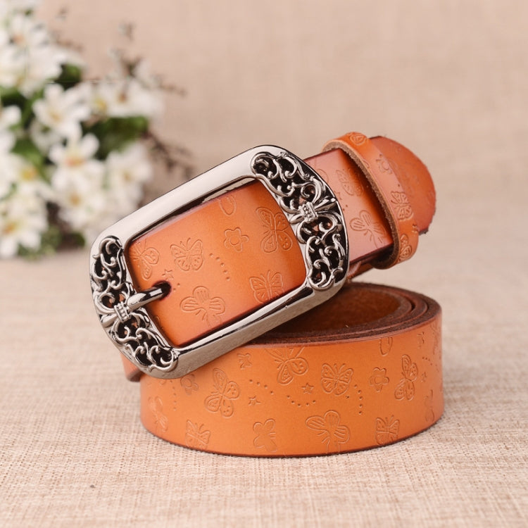 ZK--067 Retro Engraved Buckle Butterfly Print Pin Buckle Leather Belt, Length: 115cm