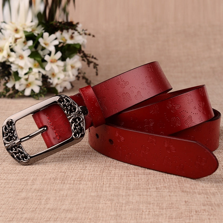 ZK--067 Retro Engraved Buckle Butterfly Print Pin Buckle Leather Belt, Length: 115cm