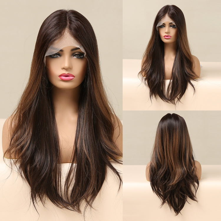 Medium Parted Big Wavy Curly Hair Wig Hand Hook Highlight Lace Wig(Black)