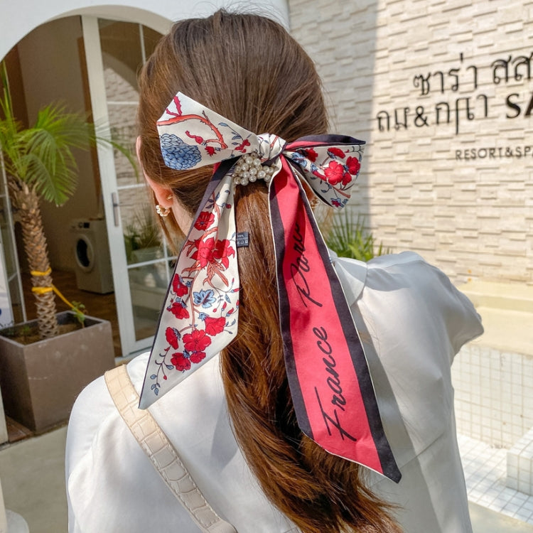 2 PCS QC30162 Elegant Pearl Bow Streamer Tied Hair Rope Hair Bands