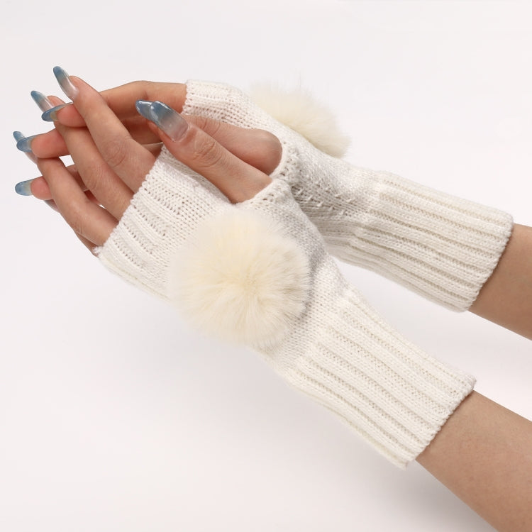 Autumn And Winter Women Fingerless Fur Ball Gloves Knitted Wool Warm Sleeves