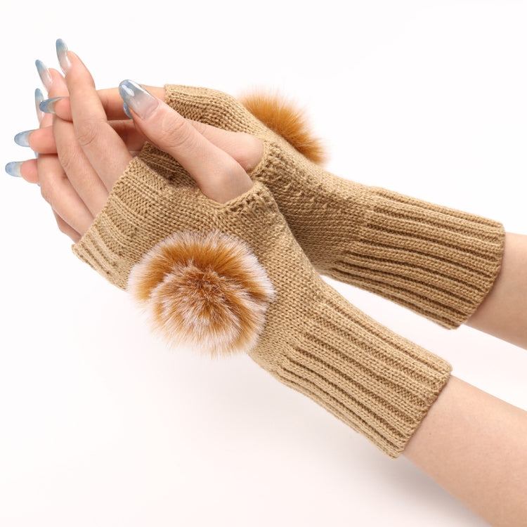 Autumn And Winter Women Fingerless Fur Ball Gloves Knitted Wool Warm Sleeves
