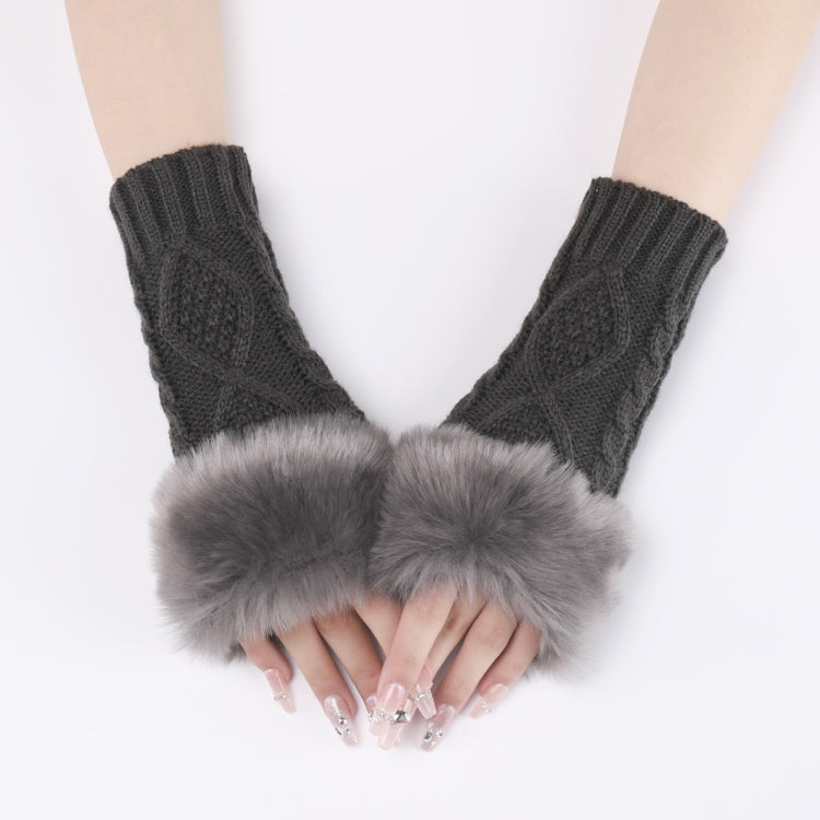 Ladies Short Type Furry Gloves Diamond Knit Warm Fingerless Arm Sleeves