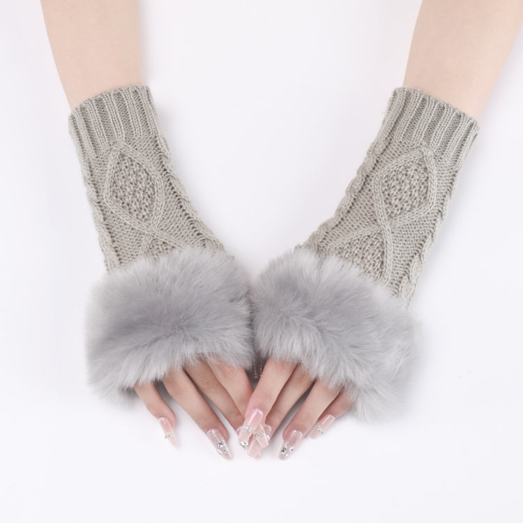 Ladies Short Type Furry Gloves Diamond Knit Warm Fingerless Arm Sleeves
