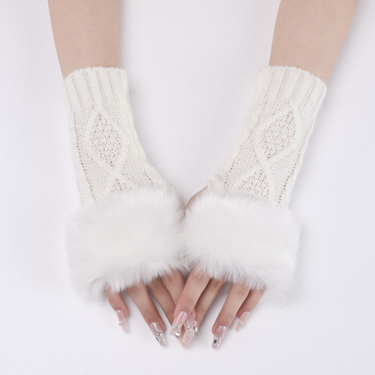 Ladies Short Type Furry Gloves Diamond Knit Warm Fingerless Arm Sleeves