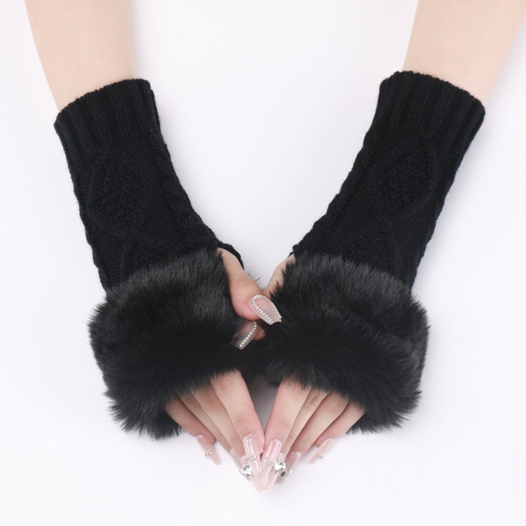 Ladies Short Type Furry Gloves Diamond Knit Warm Fingerless Arm Sleeves