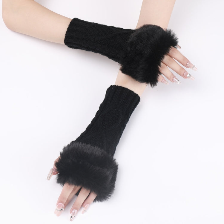 Ladies Short Type Furry Gloves Diamond Knit Warm Fingerless Arm Sleeves