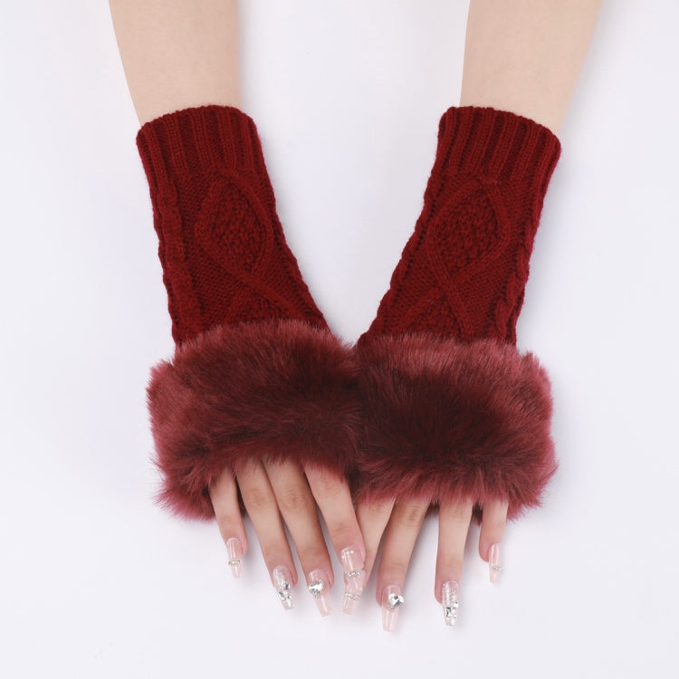 Ladies Short Type Furry Gloves Diamond Knit Warm Fingerless Arm Sleeves