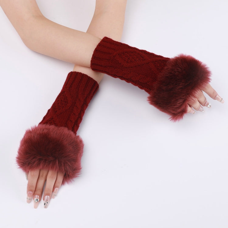 Ladies Short Type Furry Gloves Diamond Knit Warm Fingerless Arm Sleeves