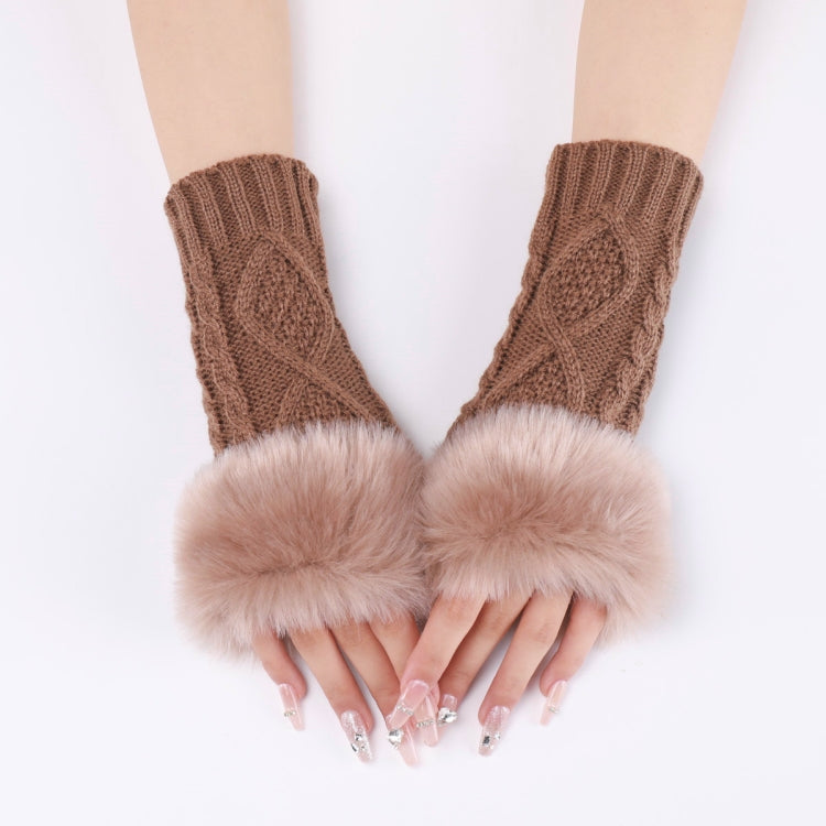 Ladies Short Type Furry Gloves Diamond Knit Warm Fingerless Arm Sleeves