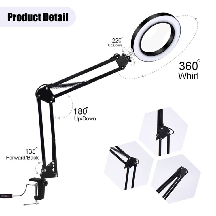 5X Magnifying Glass LED Folding Long Arm Clip Light Eye-protection USB Reading Lamp, Size: Small(Black)