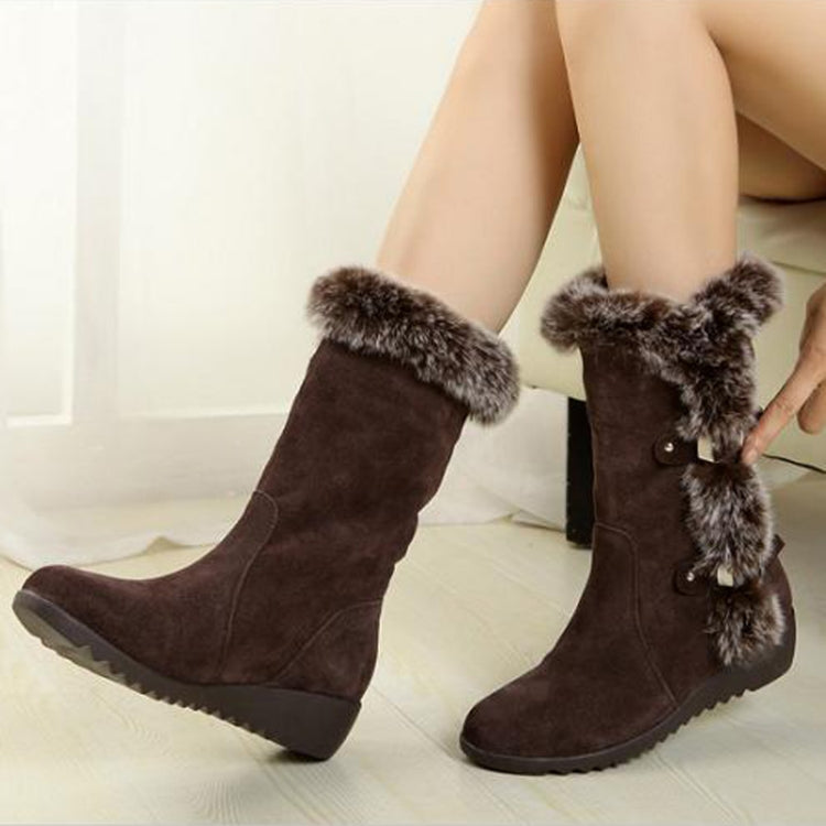 Women Mid-calf Snow Boots Thick-soled Faux Rabbit Fur Cotton Boots, Size: