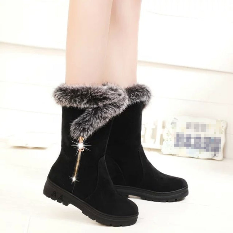 Women Winter Thick Bottom Snow Boots Thick Heel Rabbit Fur Cotton Boots, Size: