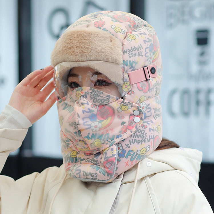 Cute Graffiti Cycling Winter Fleece Waterproof Warm Ear Protection Hat with Lens (Pink)