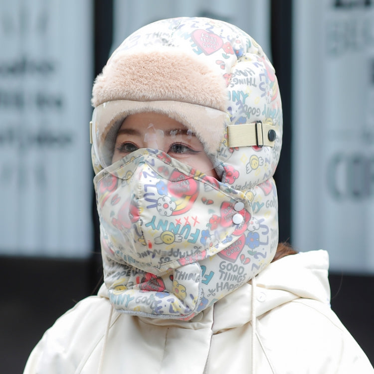 Cute Graffiti Cycling Winter Fleece Waterproof Warm Ear Protection Hat with Lens (Beige)