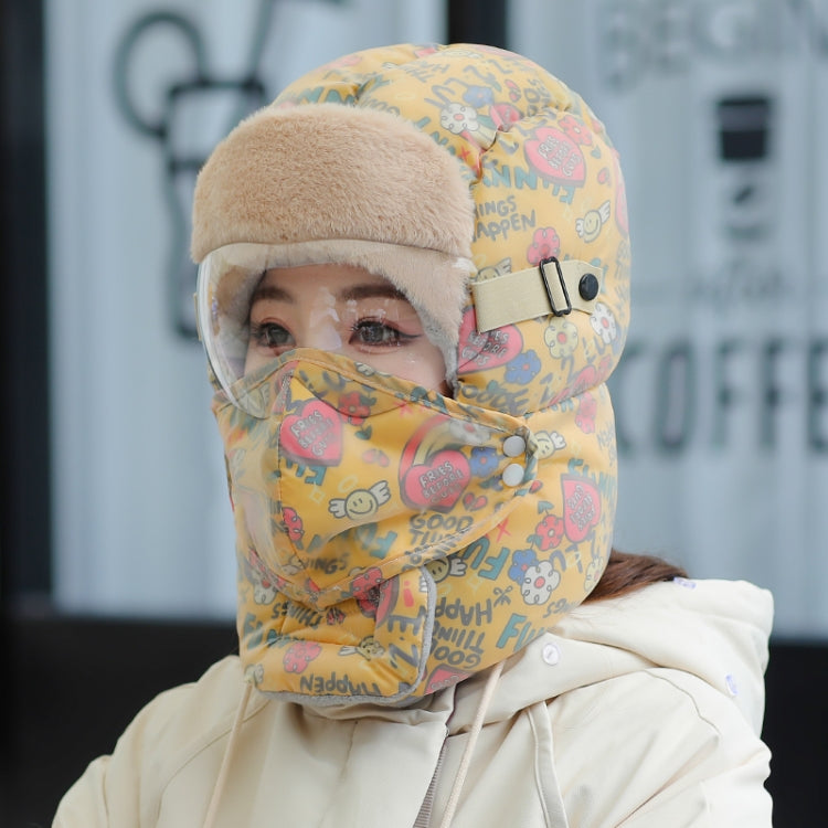 Cute Graffiti Cycling Winter Fleece Waterproof Warm Ear Protection Hat with Lens (Yellow)