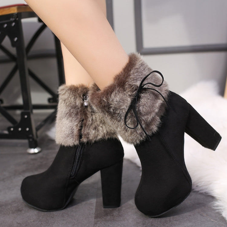 Autumn And Winter Thick High Heeled Padded Warm Suede Round Toe Boots, Size: