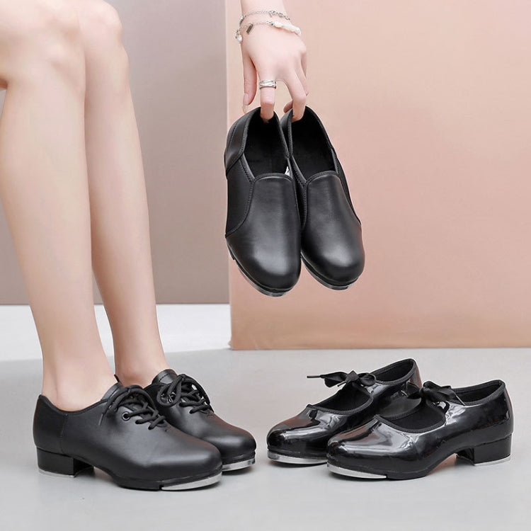 Beginners Straight Bottom Tap Shoes Black Imitation Leather Soft Bottom Shoes, Size: