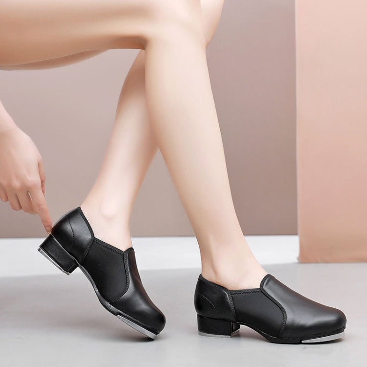 Beginners Straight Bottom Tap Shoes Black Imitation Leather Soft Bottom Shoes, Size: