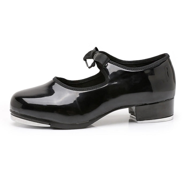Beginners Straight Bottom Tap Shoes Black Imitation Leather Soft Bottom Shoes, Size: