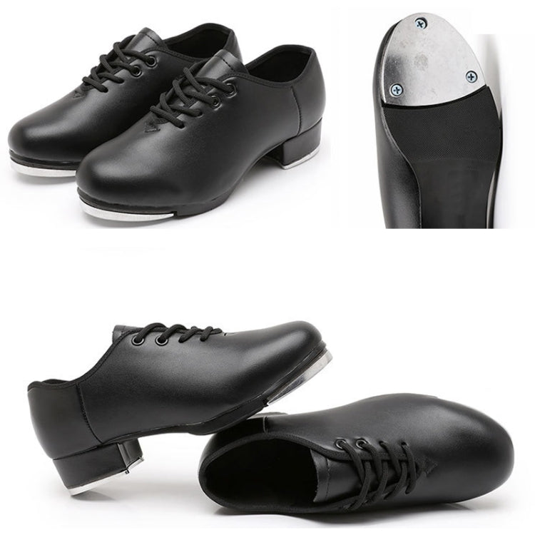 Beginners Straight Bottom Tap Shoes Black Imitation Leather Soft Bottom Shoes, Size: