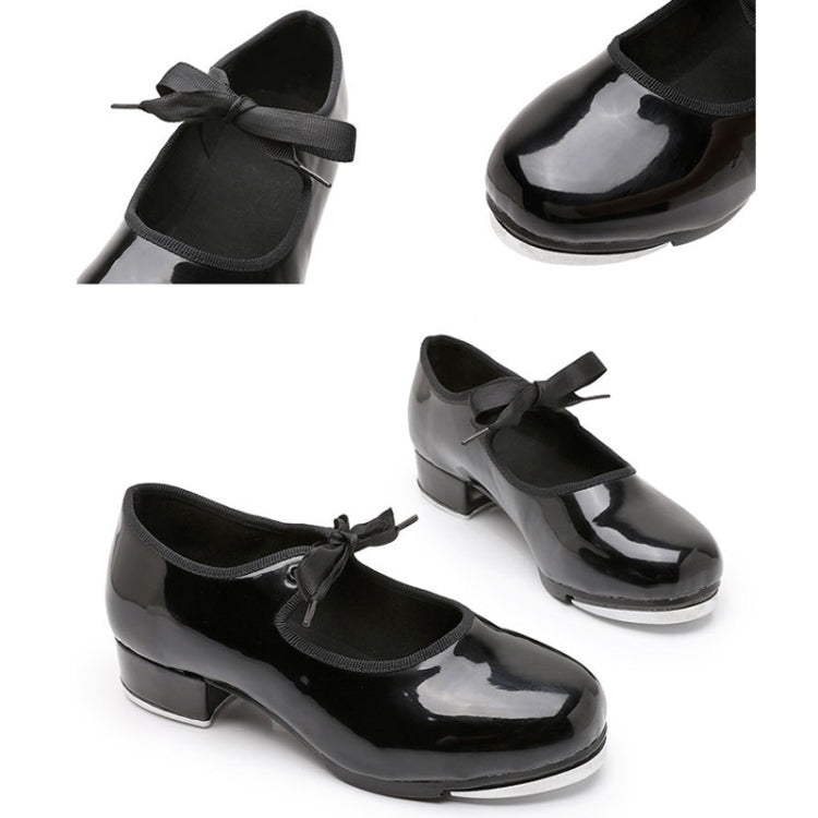 Beginners Straight Bottom Tap Shoes Black Imitation Leather Soft Bottom Shoes, Size: