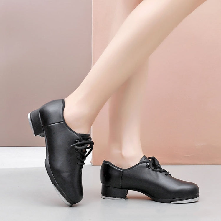 Beginners Straight Bottom Tap Shoes Black Imitation Leather Soft Bottom Shoes, Size: