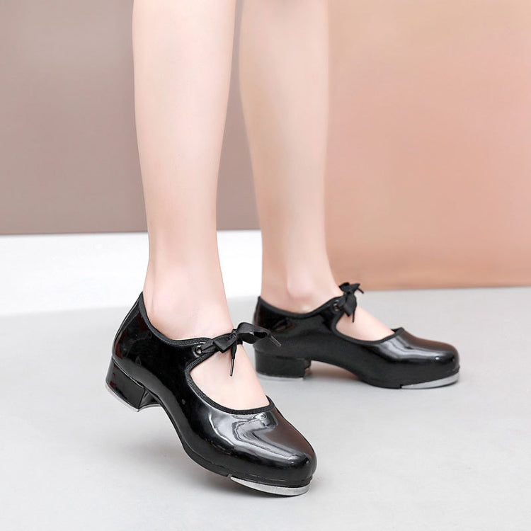 Beginners Straight Bottom Tap Shoes Black Imitation Leather Soft Bottom Shoes, Size: