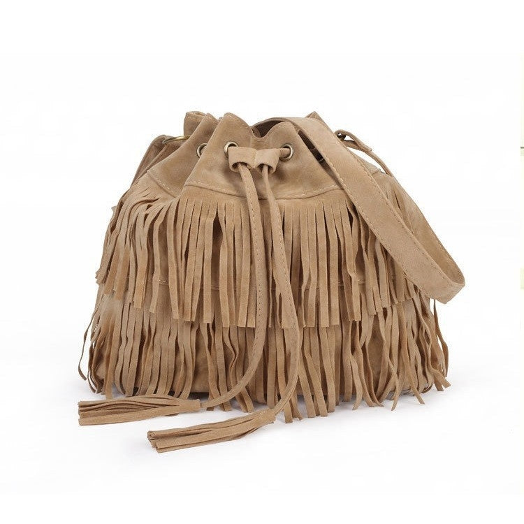 Frosted Tassel Bucket Bag Single Shoulder Crossbody Bag For Women