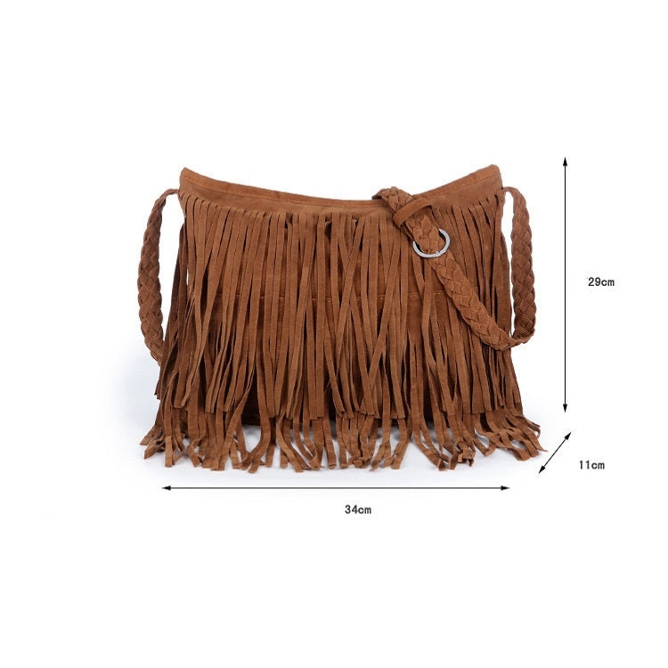 Vintage Frosted Leather Velvet Woven Tassel Crossbody Bag