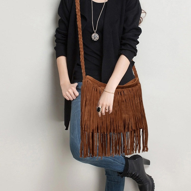 Vintage Frosted Leather Velvet Woven Tassel Crossbody Bag