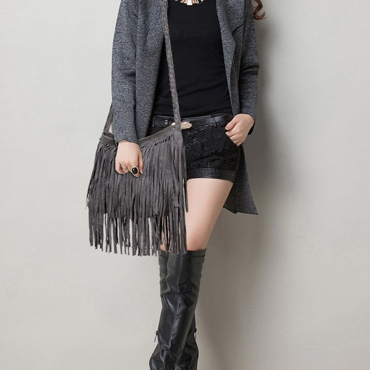 Vintage Frosted Leather Velvet Woven Tassel Crossbody Bag