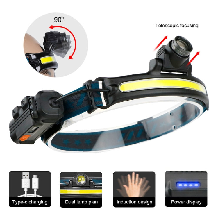 W678-2 Zoom XPG + COB Sensor Headlight Flashlight 6 Lighting Modes Rechargeable Head Lamp