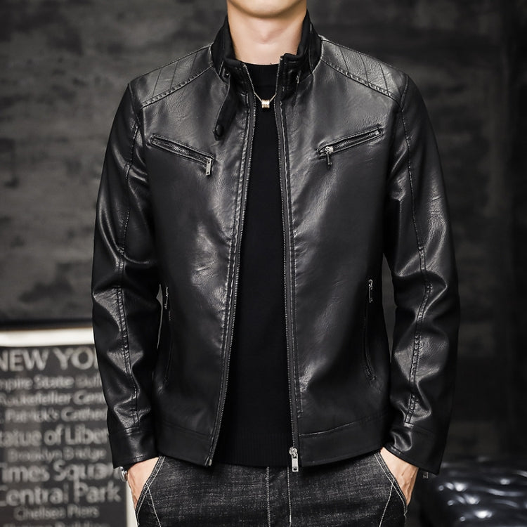 Men Washed PU Padded Slim-Fit Motorbike Leather Jacket, Size: