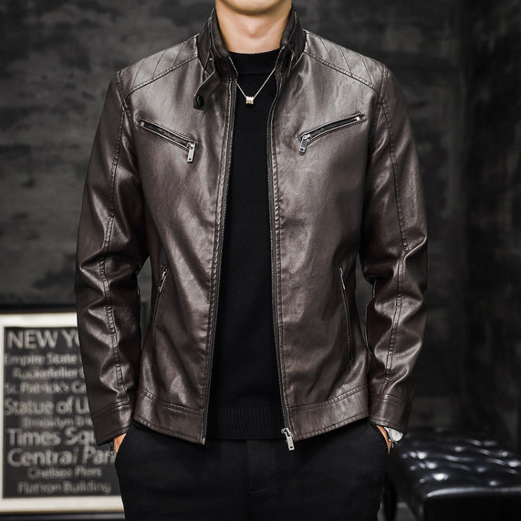 Men Washed PU Padded Slim-Fit Motorbike Leather Jacket, Size: