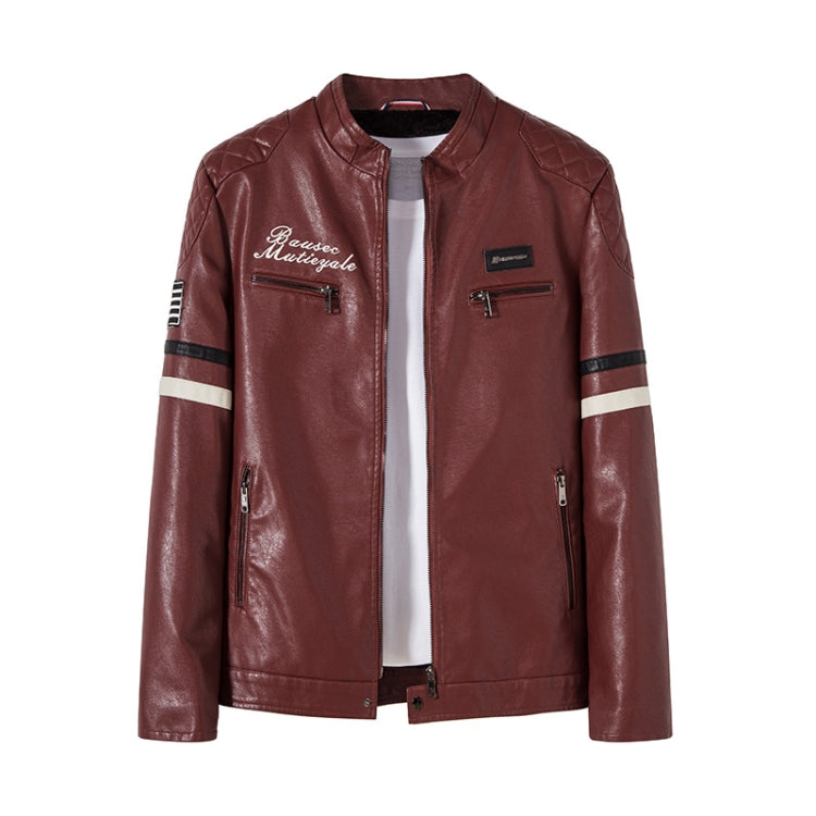 Men Padded Patchwork Embroidered Stand-Up Collar Slim Leather Jacket, Size: