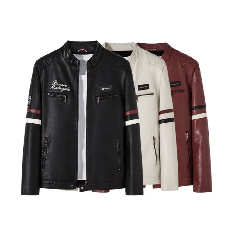 Men Padded Patchwork Embroidered Stand-Up Collar Slim Leather Jacket, Size: