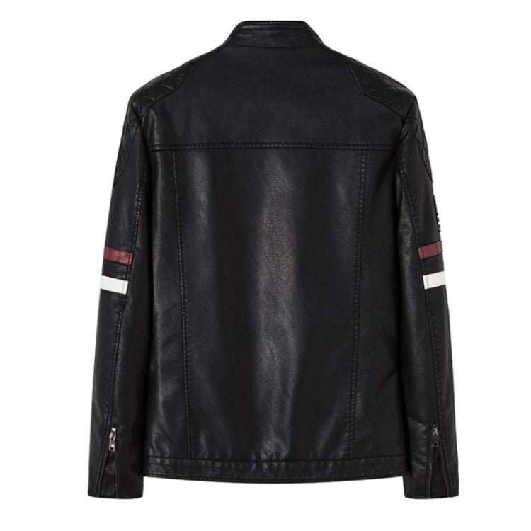 Men Padded Patchwork Embroidered Stand-Up Collar Slim Leather Jacket, Size: