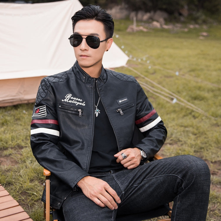 Men Padded Patchwork Embroidered Stand-Up Collar Slim Leather Jacket, Size: