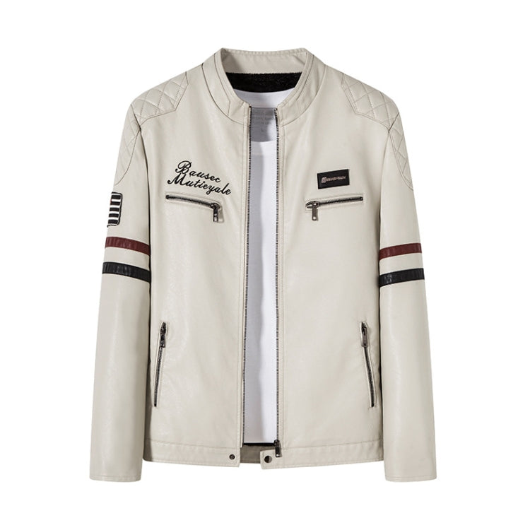 Men Padded Patchwork Embroidered Stand-Up Collar Slim Leather Jacket, Size: