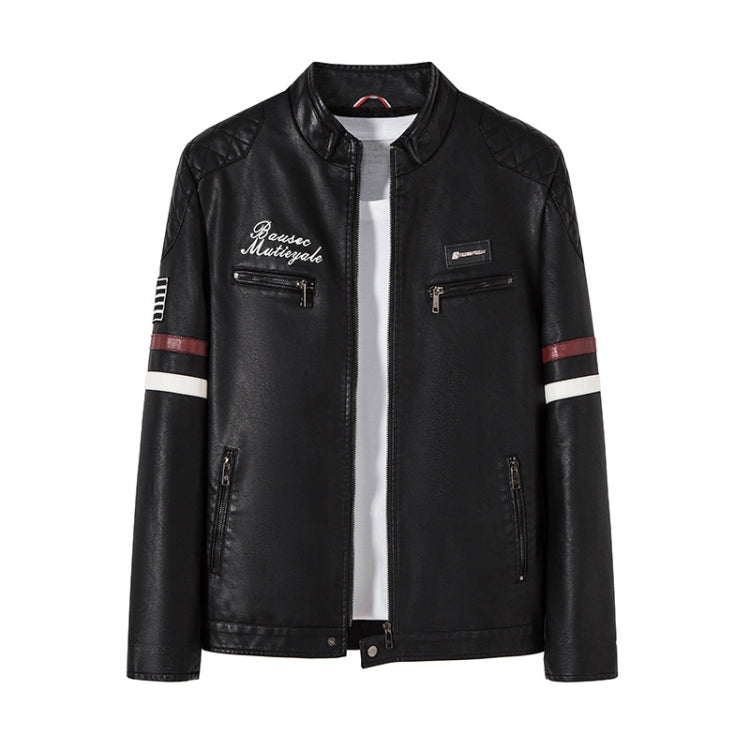 Men Padded Patchwork Embroidered Stand-Up Collar Slim Leather Jacket, Size: