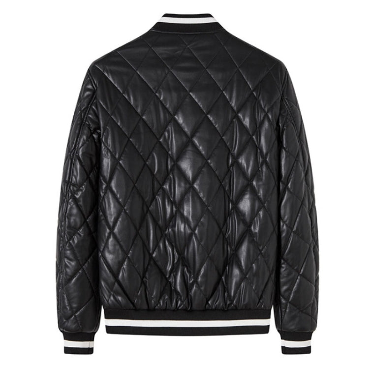 Slim V-Neck Pinch Cotton Baseball Jacket Warm PU Leather Jacket, Size: