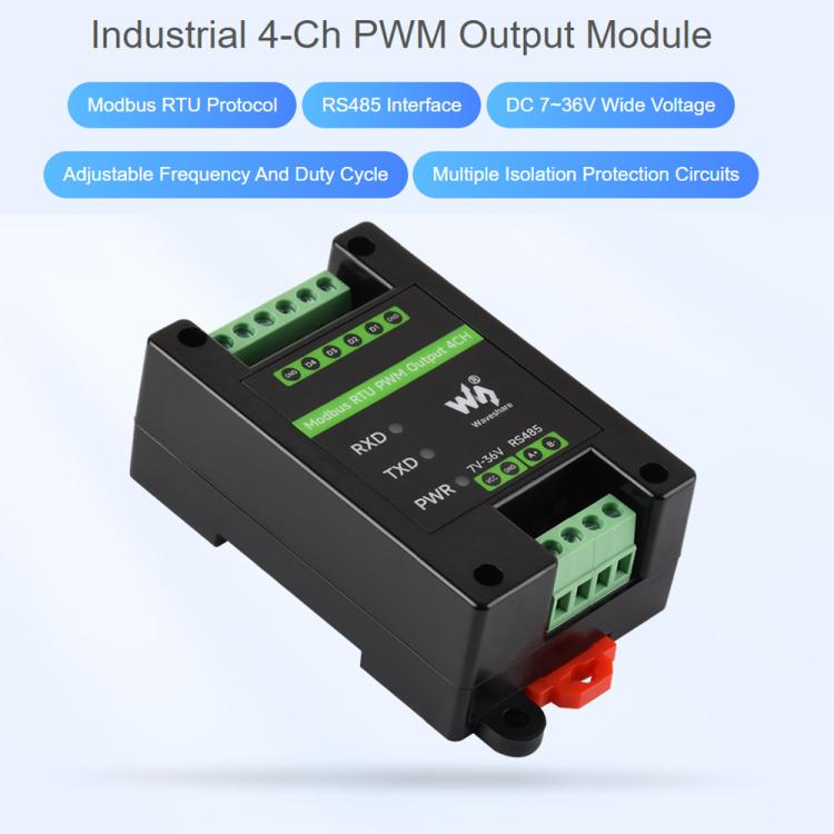 Waveshare Industrial 4-Ch PWM Output Module Modbus RTU RS485, Adjustable Frequency & Duty Cycle