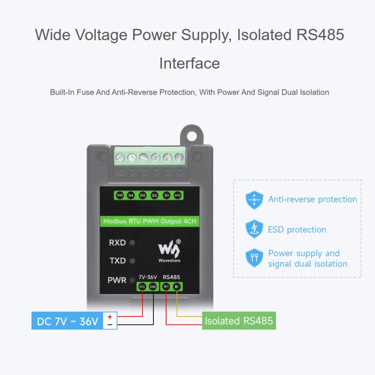 Waveshare Industrial 4-Ch PWM Output Module Modbus RTU RS485, Adjustable Frequency & Duty Cycle