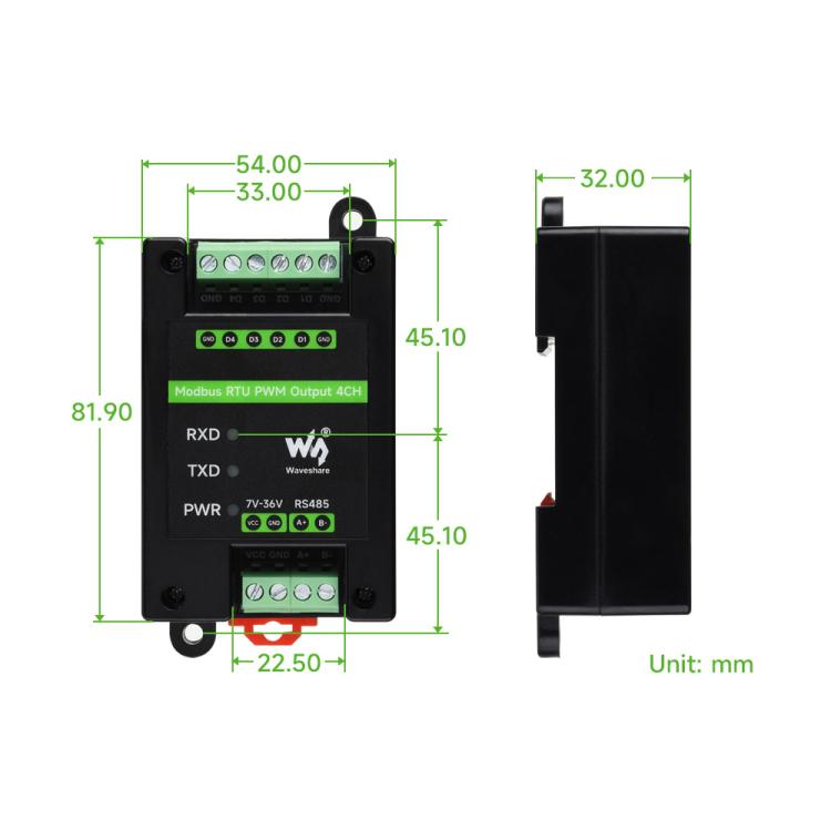 Waveshare Industrial 4-Ch PWM Output Module Modbus RTU RS485, Adjustable Frequency & Duty Cycle