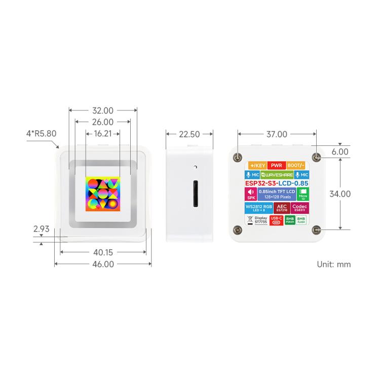 Waveshare ESP32-S3 Development Board With 0.85-Inch LCD 128×128, Dual Mic Array, Wi-Fi/BLE 5, AI Support Without Lithium Batt